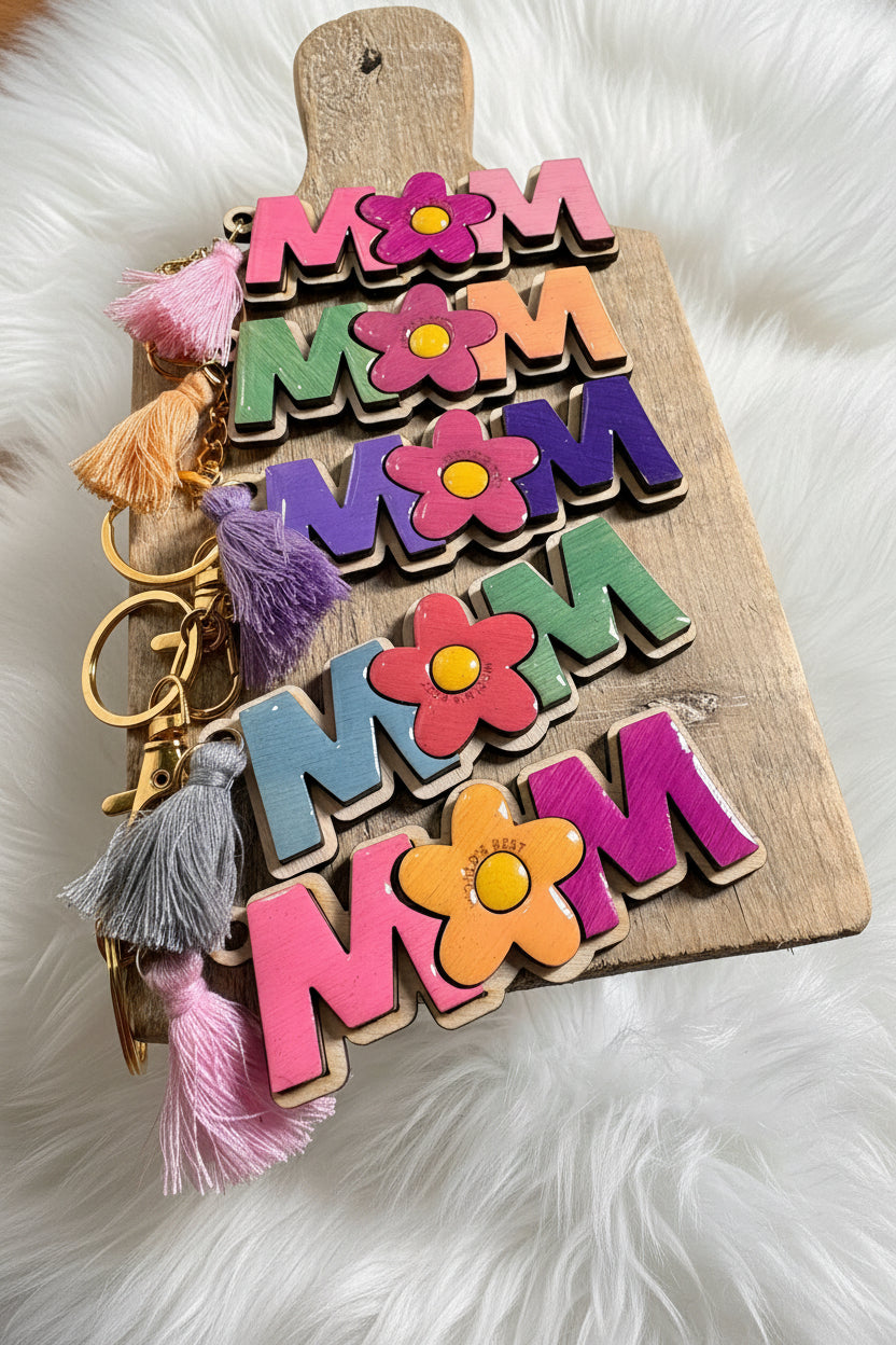 Personalized “Mom” Flower Keychain | Custom Mother’s Day Gift | Handmade Wooden Keychain with Tassel