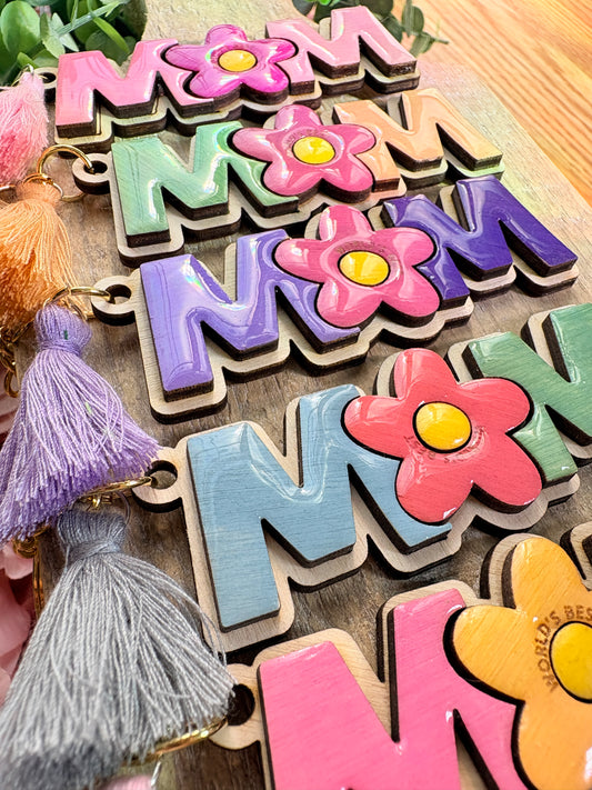 Personalized “Mom” Flower Keychain | Custom Mother’s Day Gift | Handmade Wooden Keychain with Tassel