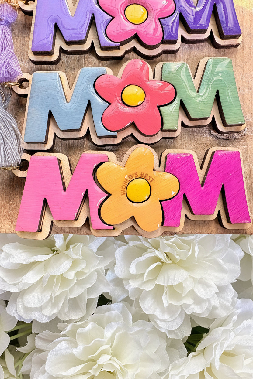 Personalized “Mom” Flower Keychain | Custom Mother’s Day Gift | Handmade Wooden Keychain with Tassel