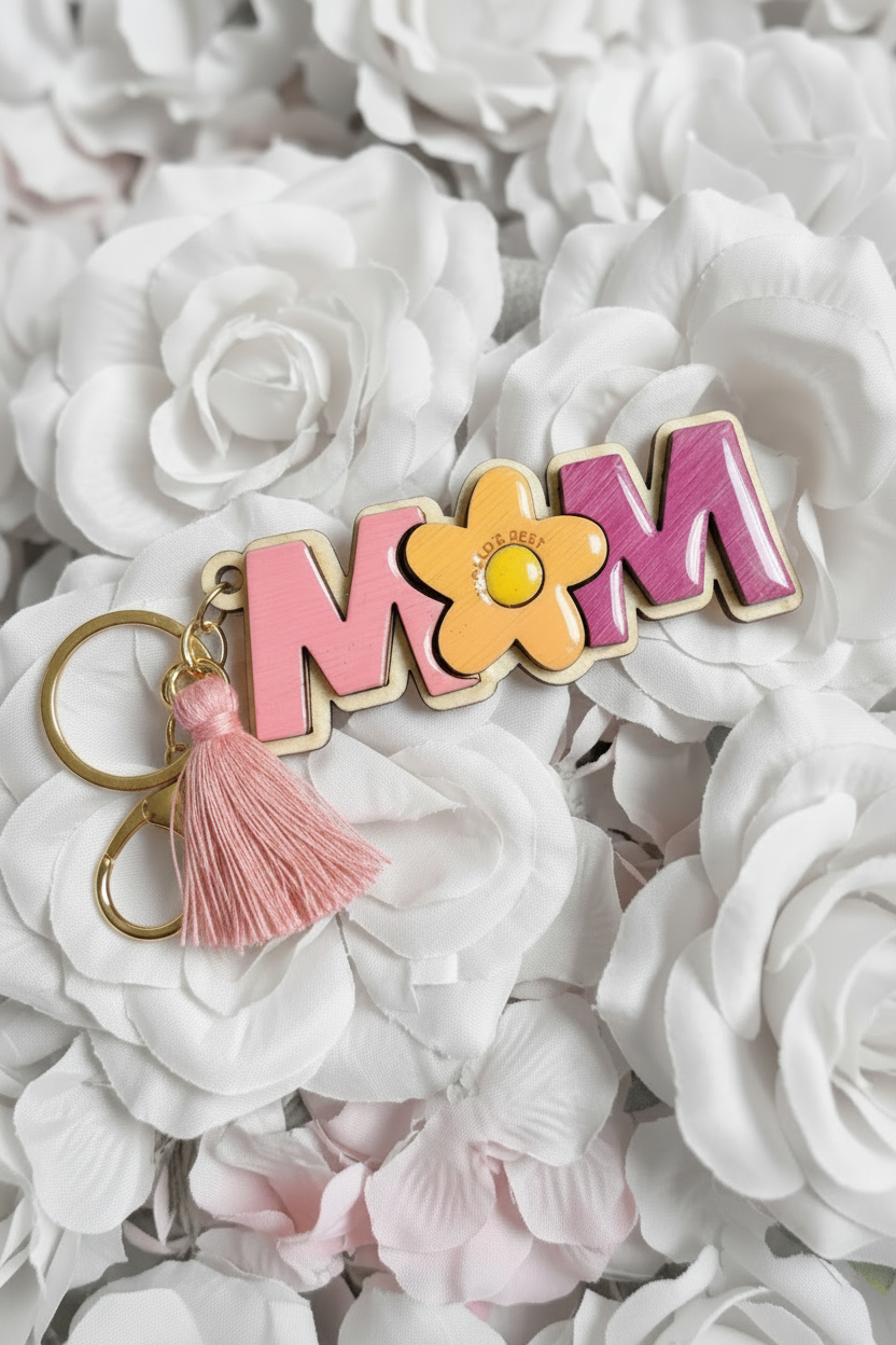 Personalized “Mom” Flower Keychain | Custom Mother’s Day Gift | Handmade Wooden Keychain with Tassel