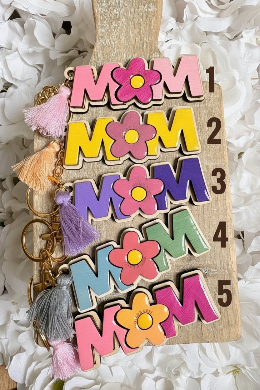 Personalized “Mom” Flower Keychain | Custom Mother’s Day Gift | Handmade Wooden Keychain with Tassel